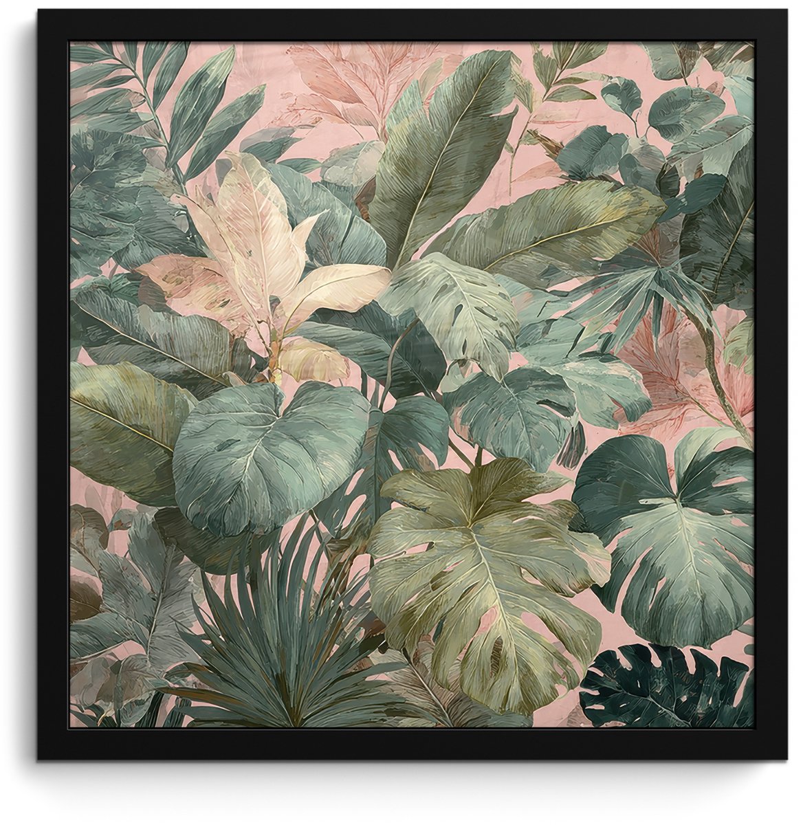 FrameYourWall Poster in lijst - Fotolijst 40x40 cm - Posters - Compositie van bladeren - Groen - Roze - Posterlijst zwart - Decoratie - Wanddecoratie woonkamer - Muurdecoratie slaapkamer Bladeren - Compositie