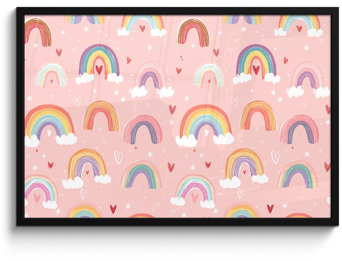 FrameYourWall Poster in lijst - Fotolijst 90x60 cm - Posters - Regenboog - Patroon - Pastel - Handgetekend - Posterlijst zwart - Decoratie - Wanddecoratie woonkamer - Muurdecoratie slaapkamer