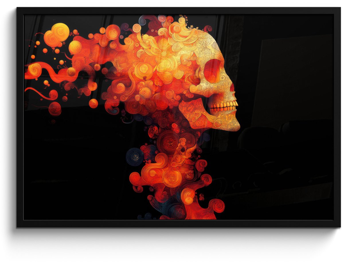 FrameYourWall Poster in lijst - Fotolijst 90x60 cm - Posters - Schedel - Oranje - Zijaanzicht - Vlammen - Posterlijst zwart - Decoratie - Wanddecoratie woonkamer - Muurdecoratie slaapkamer Schedel - Vlammen
