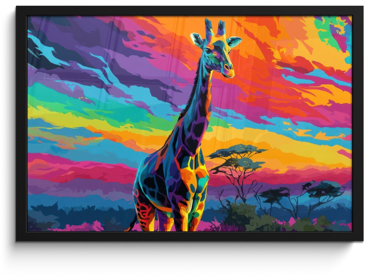 FrameYourWall Poster in lijst - Fotolijst 60x40 cm - Posters - Giraffe - Savanna - Lucht - Gekleurd - Posterlijst zwart - Decoratie - Wanddecoratie woonkamer - Muurdecoratie slaapkamer Giraffe - Kleurrijk