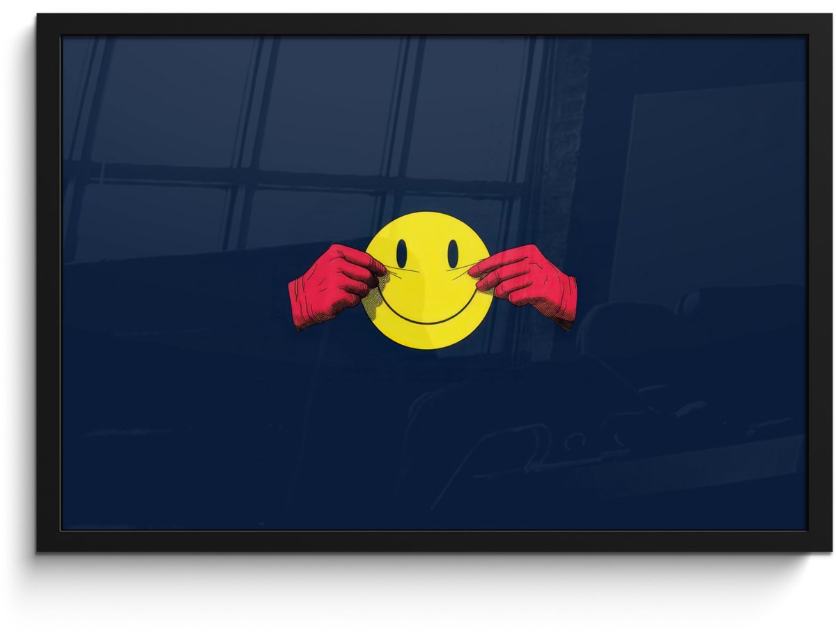 FrameYourWall Poster in lijst - Fotolijst 60x40 cm - Posters - Smiley - Geel - Handen - Minimalistisch - Posterlijst zwart - Decoratie - Wanddecoratie woonkamer - Muurdecoratie slaapkamer - Kerstversiering - Kerstdecoratie voor binnen - Kerstmis