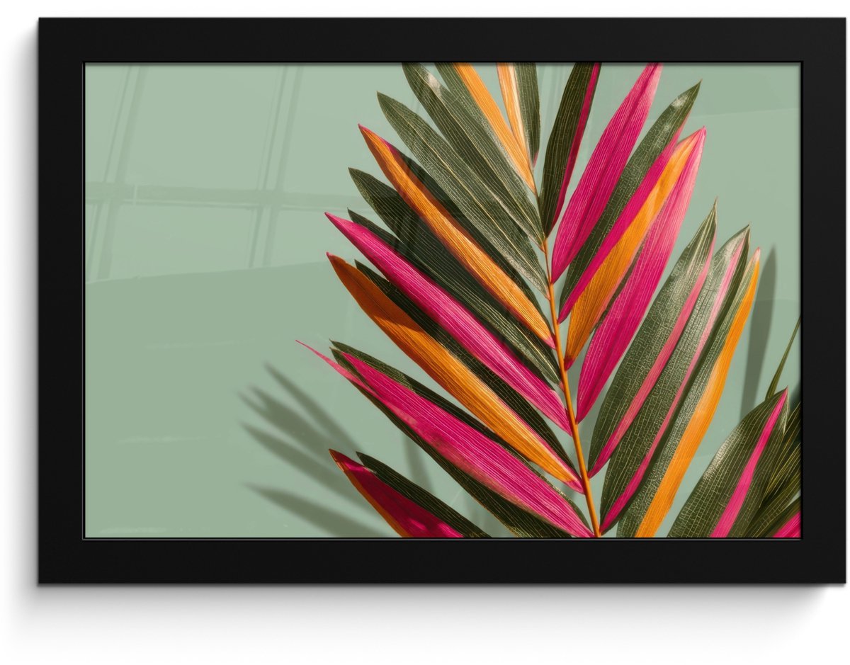 FrameYourWall Poster in lijst - Fotolijst 30x20 cm - Posters - Tak - Bladeren - Kleurrijk - Schaduw - Posterlijst zwart - Decoratie - Wanddecoratie woonkamer - Muurdecoratie slaapkamer