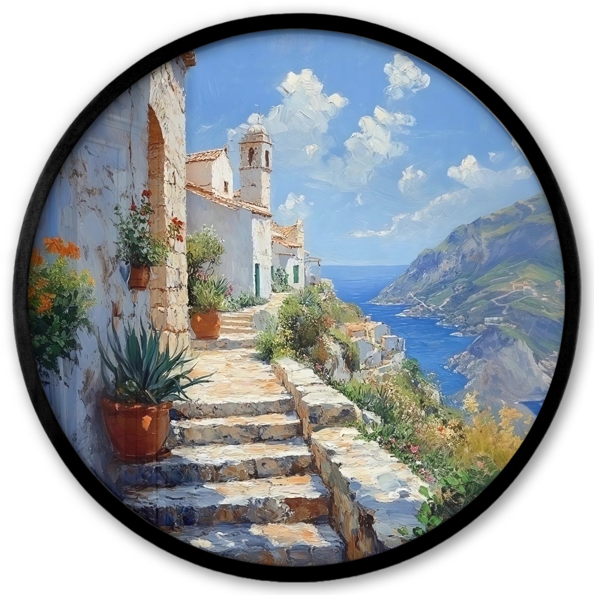 FrameYourWall Poster in lijst Rond - Fotolijst 40x40 cm - Posters - Trap - Huizen - Berglandschap - Zee - Ronde posterlijst zwart - Decoratie - Wanddecoratie woonkamer - Muurdecoratie slaapkamer Trap - Huizen - Landschap