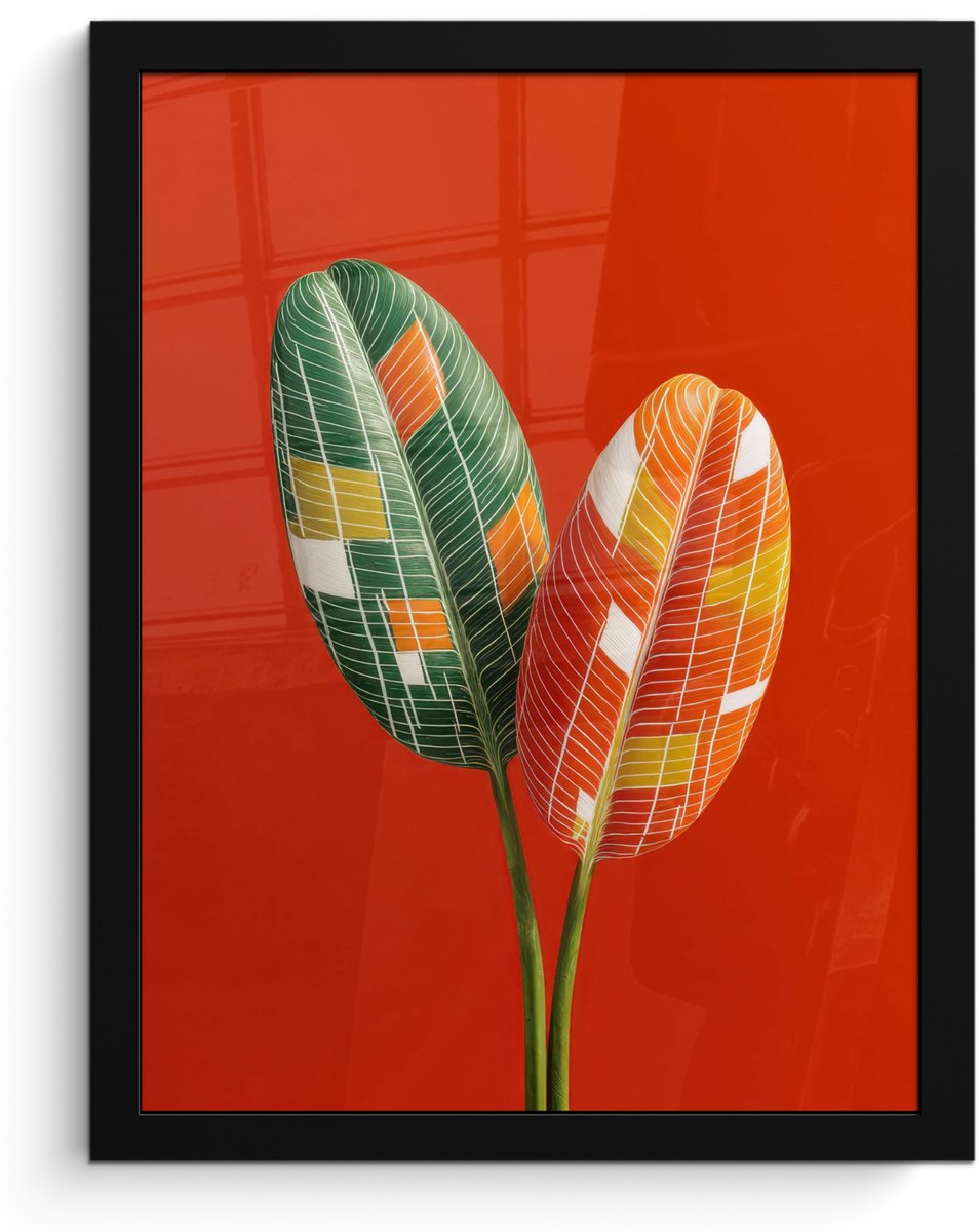 FrameYourWall Poster in lijst - Fotolijst 30x40 cm - Posters - Bladeren - Ovaal - Mozaïek - Patroon - Posterlijst zwart - Decoratie - Wanddecoratie woonkamer - Muurdecoratie slaapkamer
