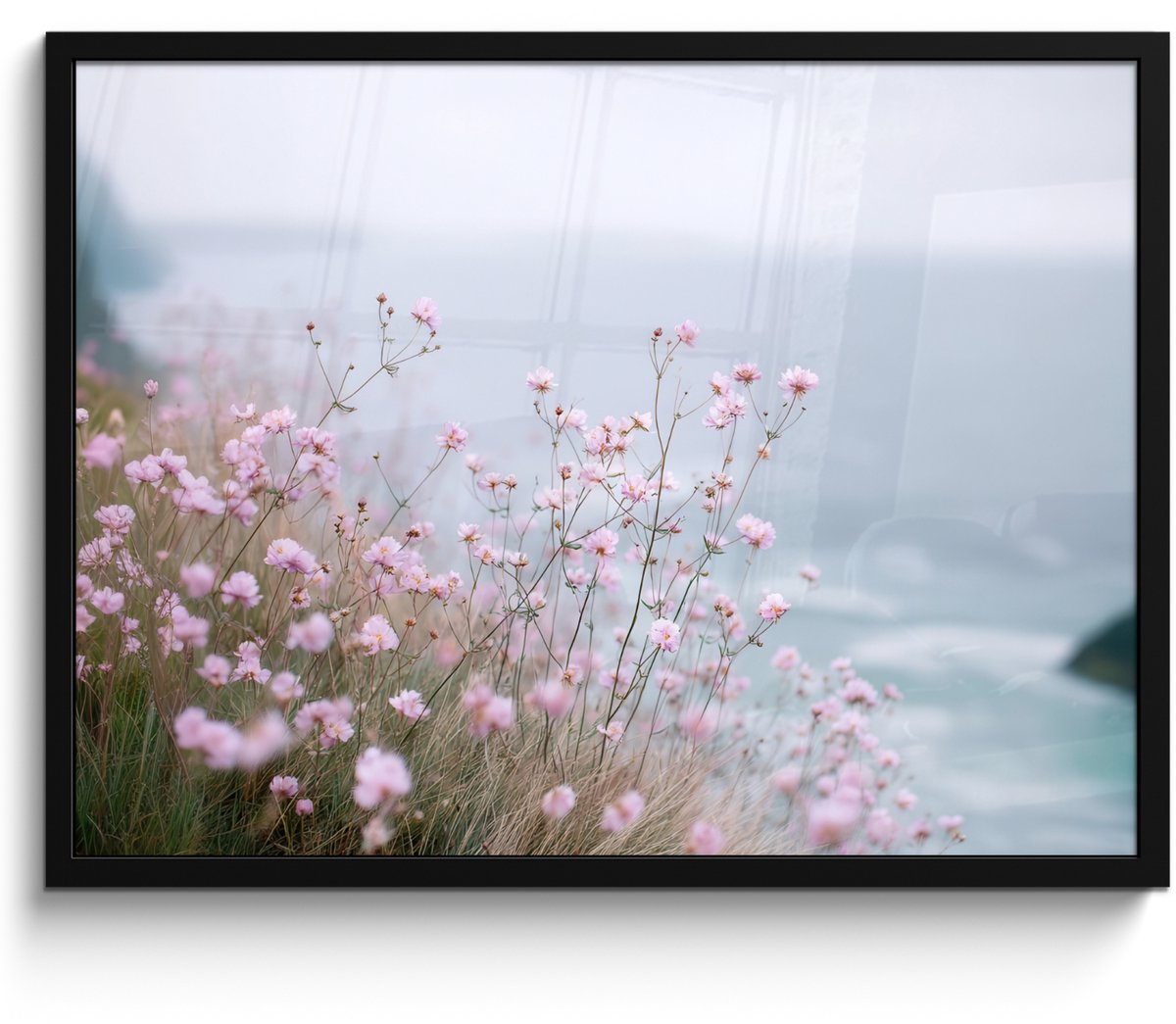 FrameYourWall Poster in lijst - Fotolijst 80x60 cm - Posters - Klif - Bloemen - Zee - Roze - Posterlijst zwart - Decoratie - Wanddecoratie woonkamer - Muurdecoratie slaapkamer