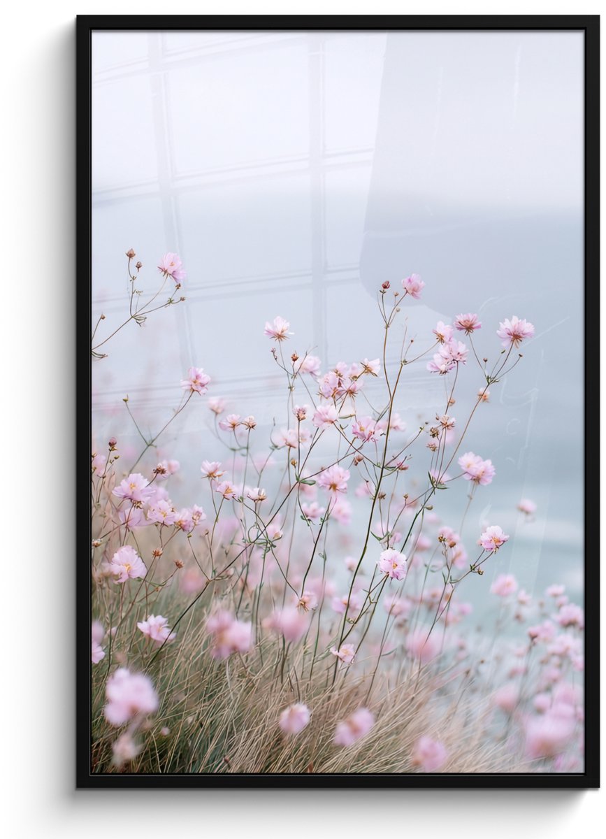 FrameYourWall Poster in lijst - Fotolijst 80x120 cm - Posters - Klif - Bloemen - Zee - Roze - Posterlijst zwart - Decoratie - Wanddecoratie woonkamer - Muurdecoratie slaapkamer
