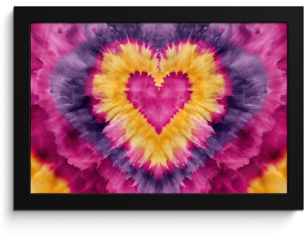 FrameYourWall Poster in lijst - Fotolijst 30x20 cm - Posters - Tie dye - Hartvorm - Vlammen - Oranje - Posterlijst zwart - Decoratie - Wanddecoratie woonkamer - Muurdecoratie slaapkamer