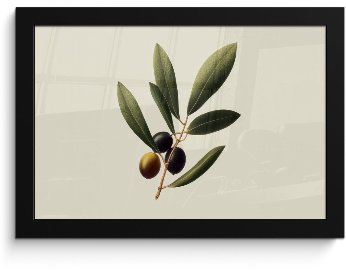 FrameYourWall Poster in lijst - Fotolijst 30x20 cm - Posters - Olijftak - Donkergroen - Olijven - Posterlijst zwart - Decoratie - Wanddecoratie woonkamer - Muurdecoratie slaapkamer