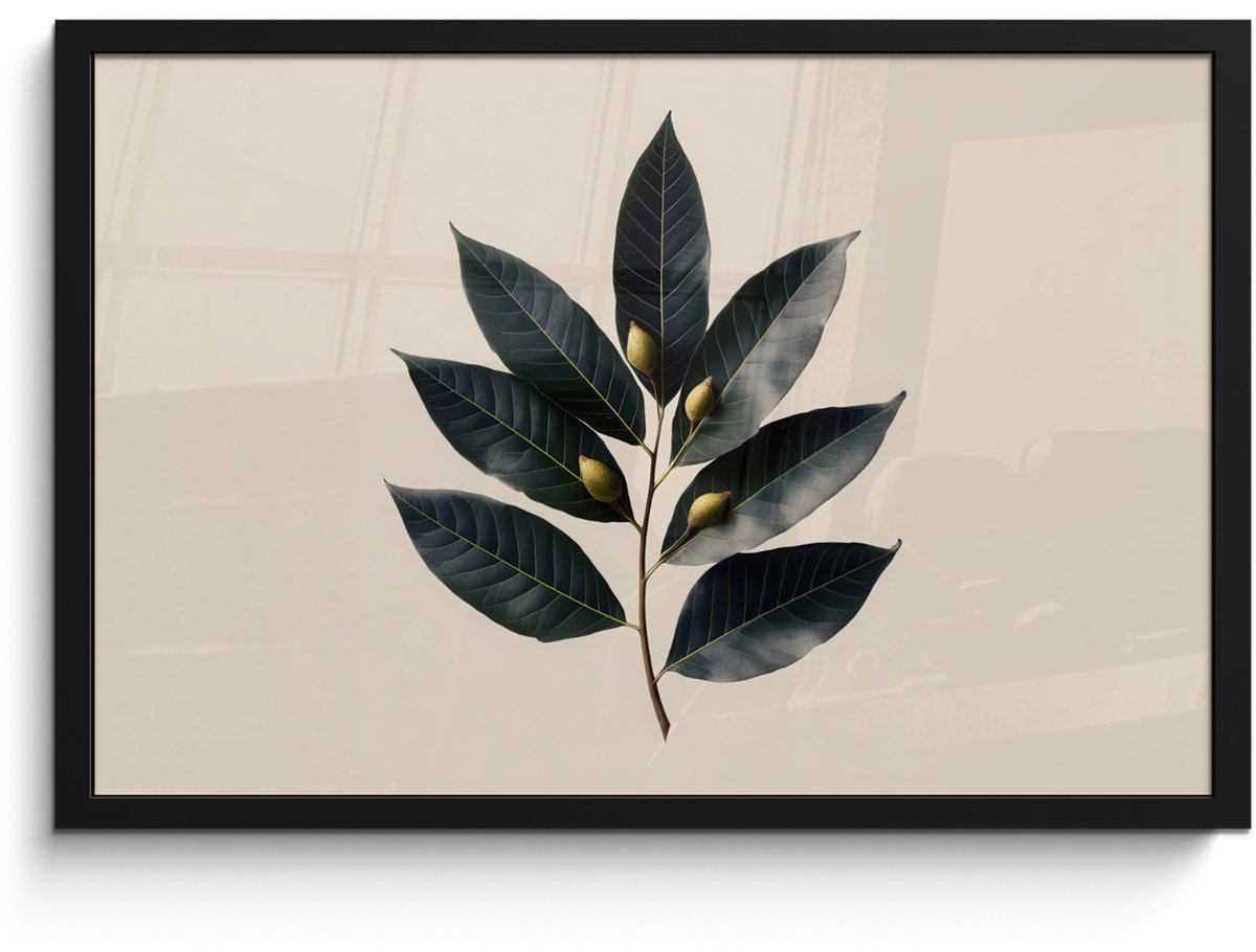 FrameYourWall Poster in lijst - Fotolijst 60x40 cm - Posters - Laurierbladeren - Bloemknoppen - subtiel - Posterlijst zwart - Decoratie - Wanddecoratie woonkamer - Muurdecoratie slaapkamer