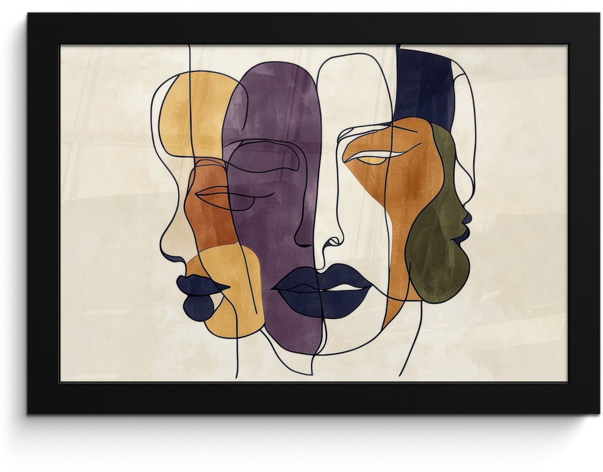 FrameYourWall Poster in lijst - Fotolijst 30x20 cm - Posters - Abstract - Overlappende gezichten - Paars - Donkergroen - Posterlijst zwart - Decoratie - Wanddecoratie woonkamer - Muurdecoratie slaapkamer Abstract - Gezichten