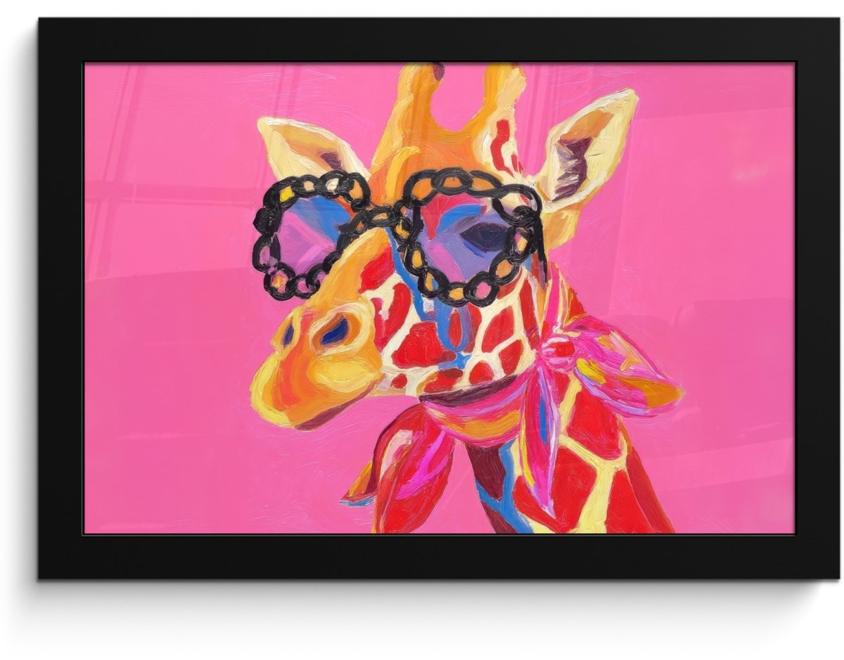 FrameYourWall Poster in lijst - Fotolijst 30x20 cm - Posters - Giraf - Roze - Bril - Sjaal - Posterlijst zwart - Decoratie - Wanddecoratie woonkamer - Muurdecoratie slaapkamer