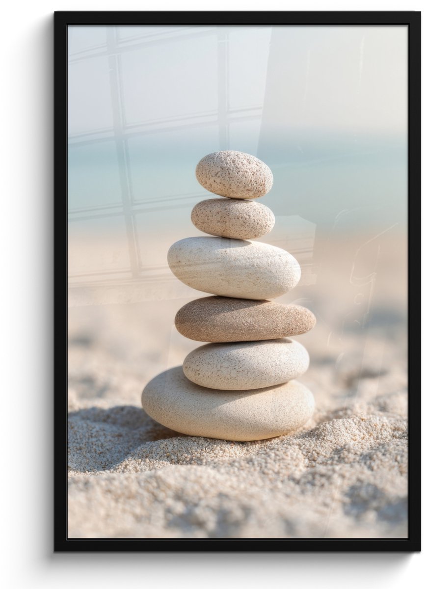 FrameYourWall Poster in lijst - Fotolijst 60x90 cm - Posters - Stenen - Stapel - Zand - Zee - Posterlijst zwart - Decoratie - Wanddecoratie woonkamer - Muurdecoratie slaapkamer
