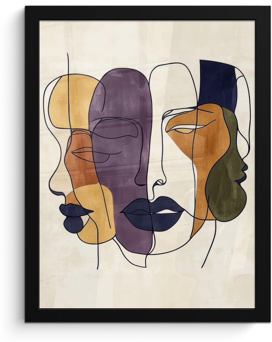 FrameYourWall Poster in lijst - Fotolijst 30x40 cm - Posters - Abstract - Overlappende gezichten - Paars - Donkergroen - Posterlijst zwart - Decoratie - Wanddecoratie woonkamer - Muurdecoratie slaapkamer Abstract - Gezichten