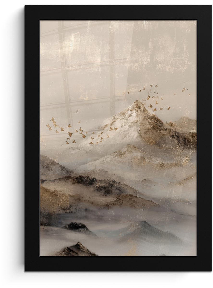 FrameYourWall Poster in lijst - Fotolijst 20x30 cm - Posters - Berglandschap - Mist - Penseelstreken - Posterlijst zwart - Decoratie - Wanddecoratie woonkamer - Muurdecoratie slaapkamer Berglandschap - Mist - Vogels