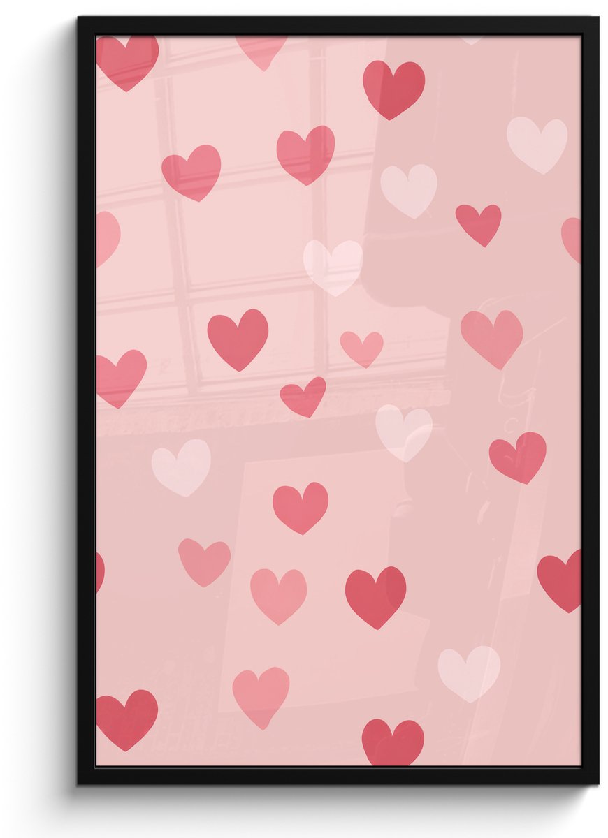 FrameYourWall Poster in lijst - Fotolijst 60x90 cm - Posters - Hartjes - Patroon - Roze - Eenvoudig - Posterlijst zwart - Decoratie - Wanddecoratie woonkamer - Muurdecoratie slaapkamer