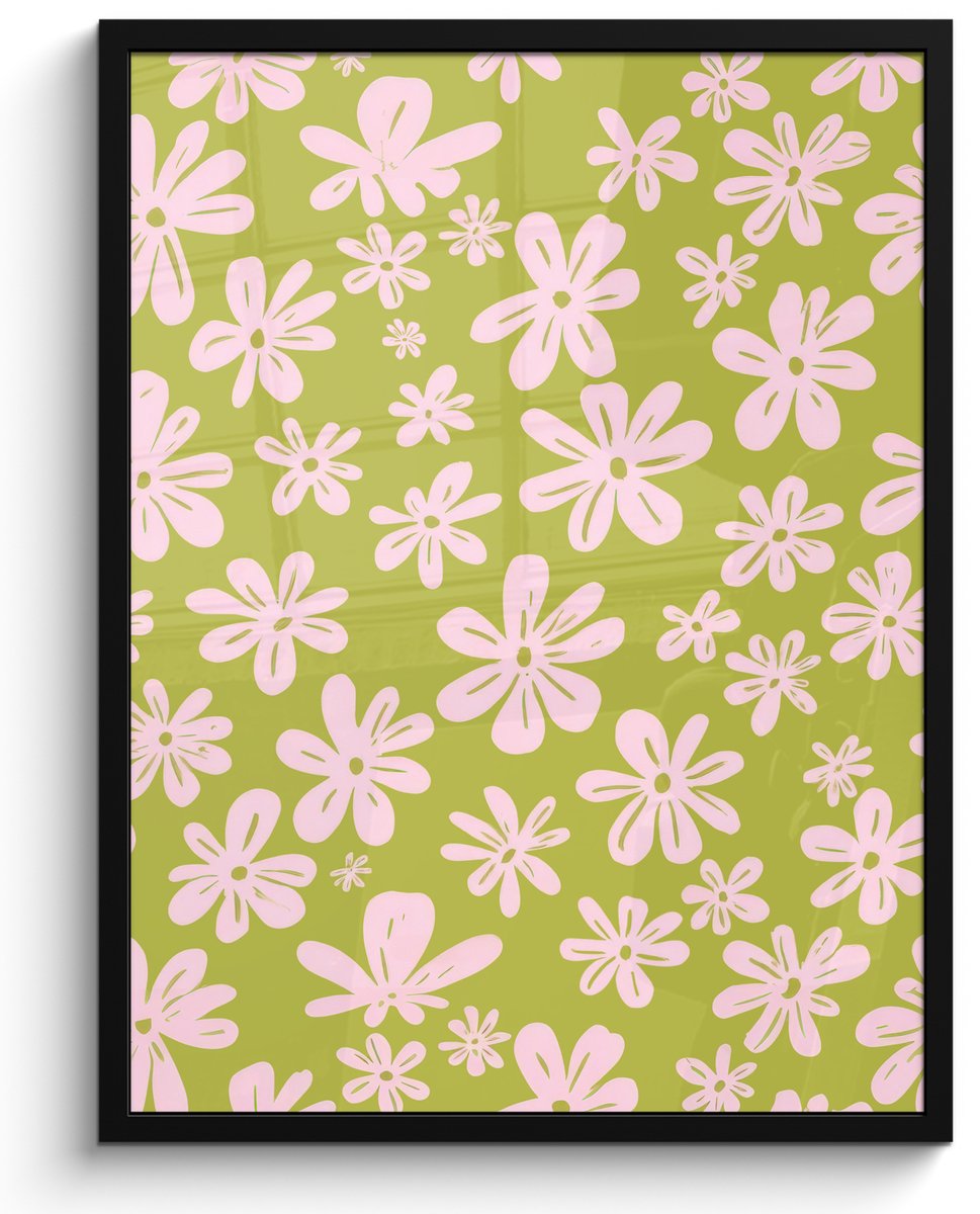FrameYourWall Poster in lijst - Fotolijst 60x80 cm - Posters - Bloemen - Roze - Getekend - Patroon - Posterlijst zwart - Decoratie - Wanddecoratie woonkamer - Muurdecoratie slaapkamer Bloemen - Patroon