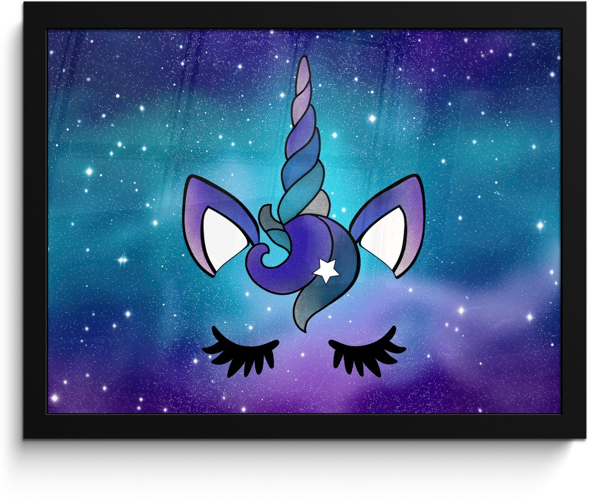 FrameYourWall Poster in lijst - Fotolijst 40x30 cm - Posters - Eenhoorn - Sterrenhemel - Ster - Blauw - Posterlijst zwart - Decoratie - Wanddecoratie woonkamer - Muurdecoratie slaapkamer