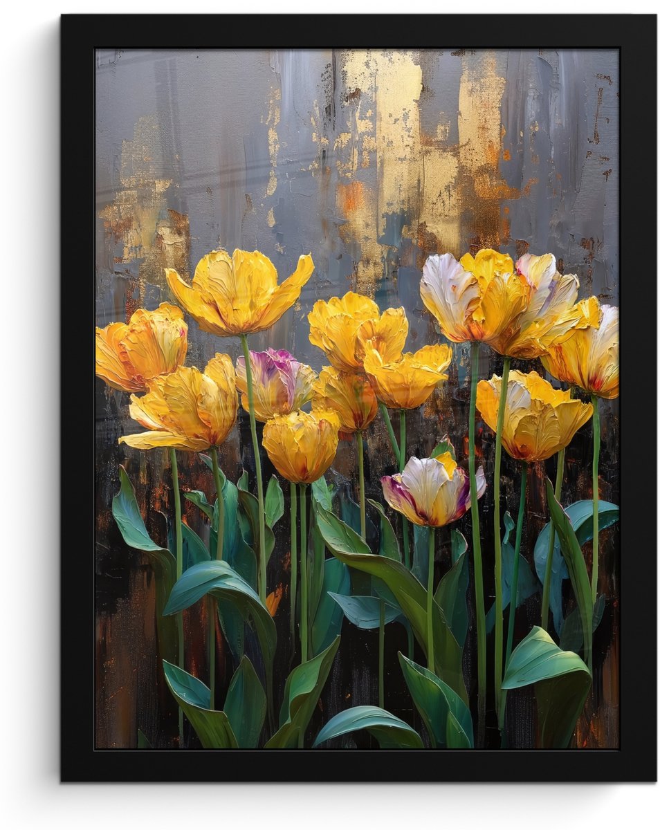 FrameYourWall Poster in lijst - Fotolijst 30x40 cm - Posters - Tulpen - Geel - Penseelstreken - Abstract - Posterlijst zwart - Decoratie - Wanddecoratie woonkamer - Muurdecoratie slaapkamer