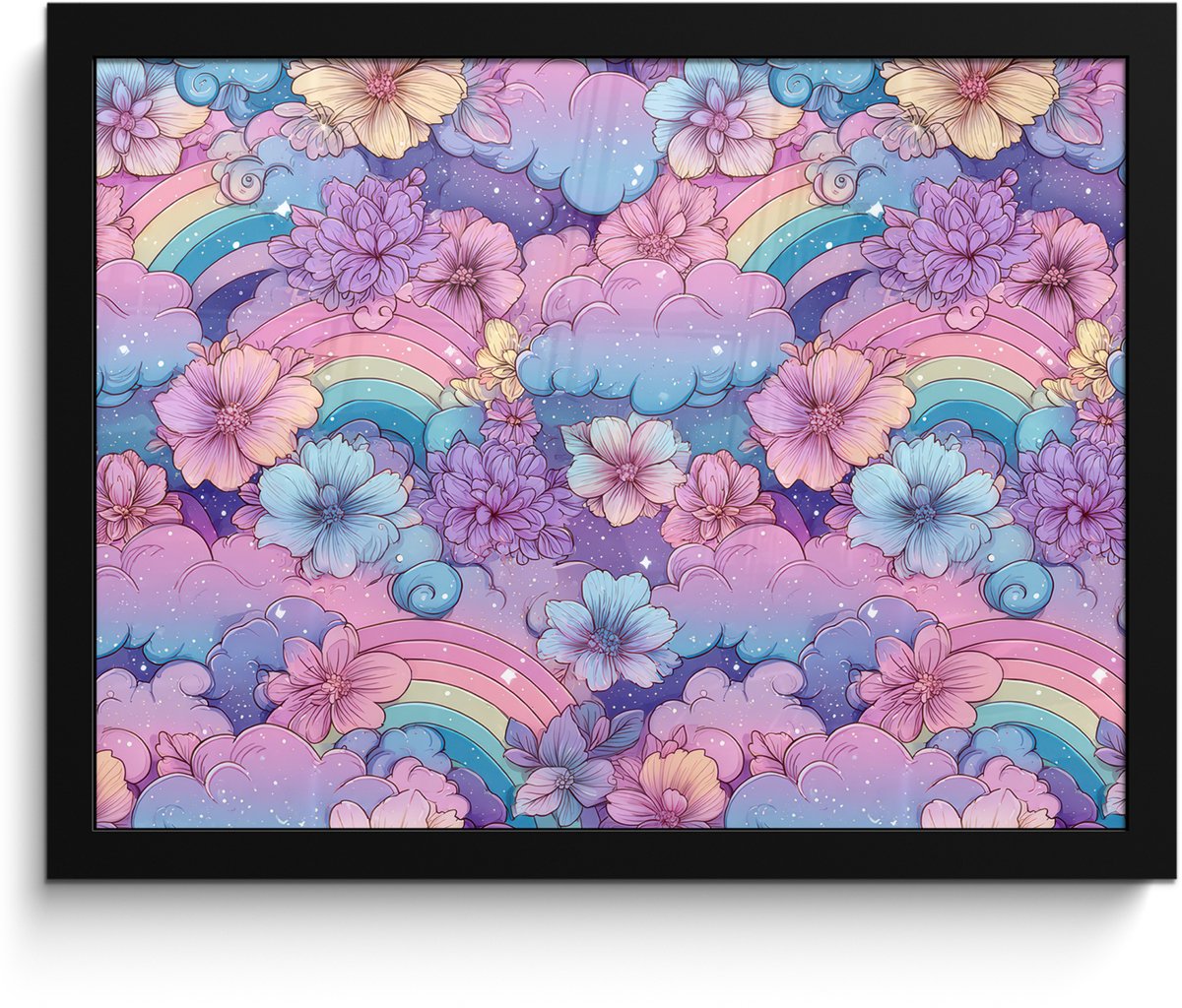 FrameYourWall Poster in lijst - Fotolijst 40x30 cm - Posters - Regenbogen - Bloemen - Kleurrijk - Wolken - Posterlijst zwart - Decoratie - Wanddecoratie woonkamer - Muurdecoratie slaapkamer