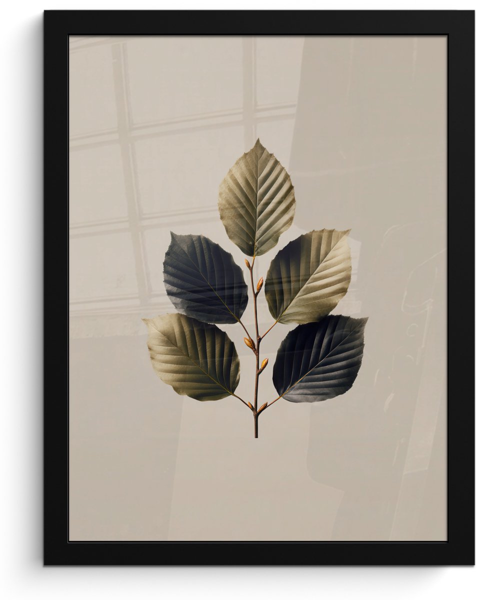 FrameYourWall Poster in lijst - Fotolijst 30x40 cm - Posters - Beukenbladeren - Bruin - Groen - neutraal - Posterlijst zwart - Decoratie - Wanddecoratie woonkamer - Muurdecoratie slaapkamer