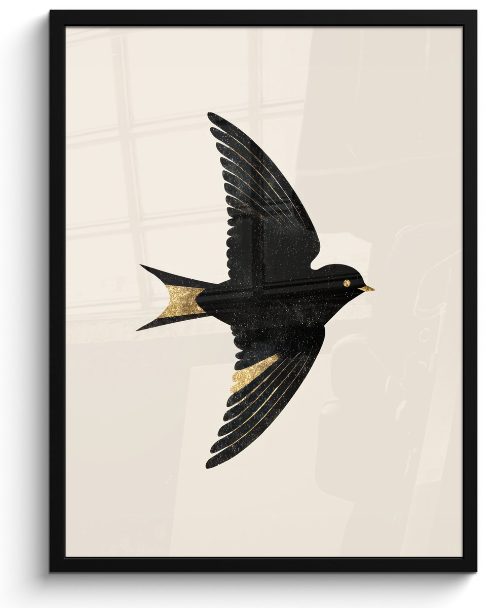 FrameYourWall Poster in lijst - Fotolijst 60x80 cm - Posters - Zwarte zwaluw - Gouden accenten - Lichte achtergrond - Posterlijst zwart - Decoratie - Wanddecoratie woonkamer - Muurdecoratie slaapkamer