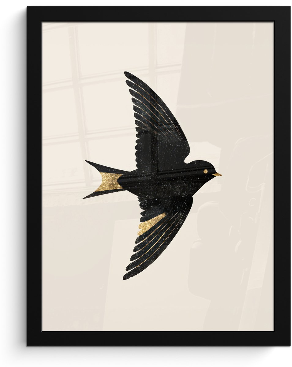 FrameYourWall Poster in lijst - Fotolijst 30x40 cm - Posters - Zwarte zwaluw - Gouden accenten - Lichte achtergrond - Posterlijst zwart - Decoratie - Wanddecoratie woonkamer - Muurdecoratie slaapkamer