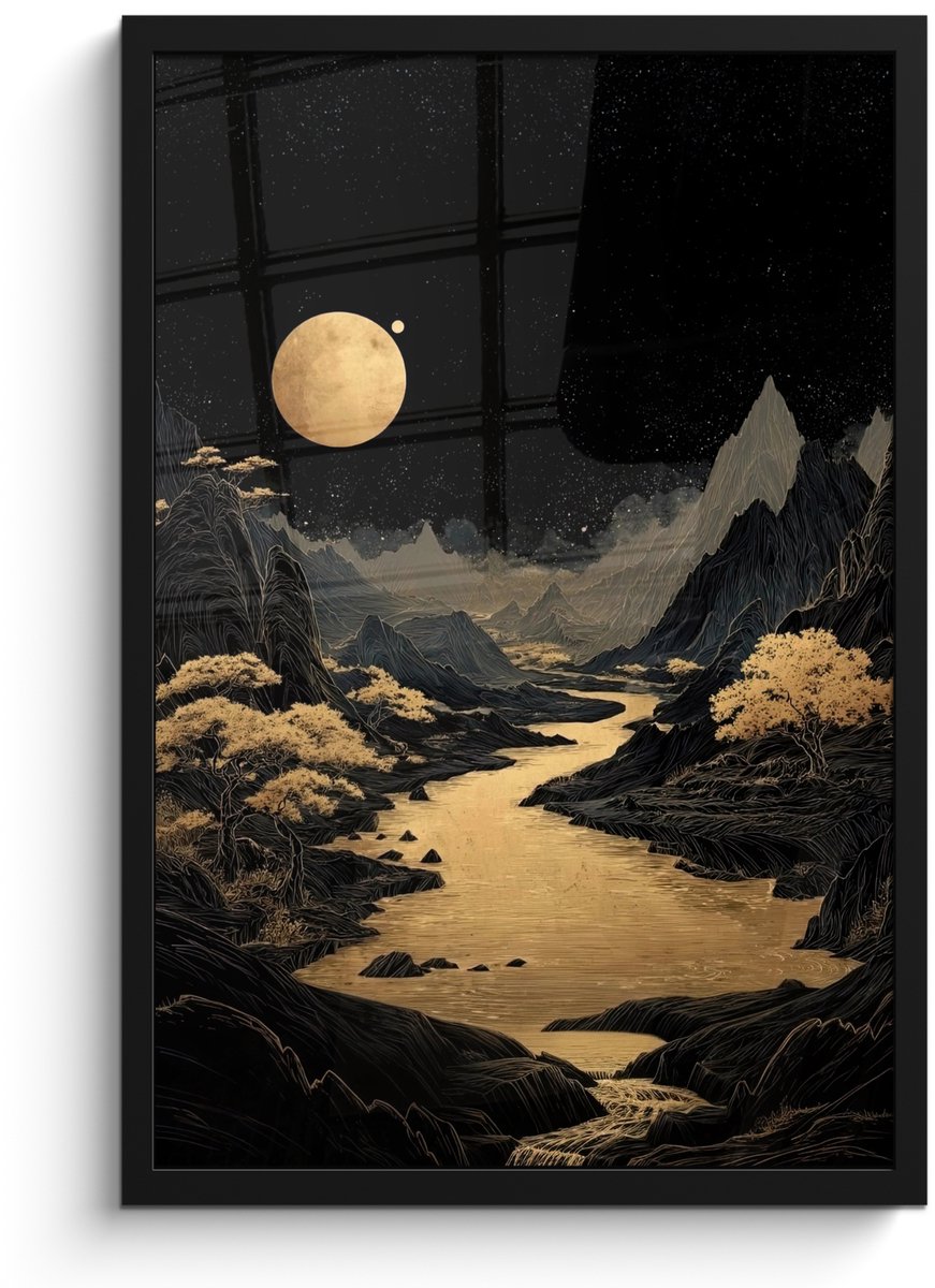 FrameYourWall Poster in lijst - Fotolijst 40x60 cm - Posters - Gouden rivier - Bergen - Maan - Sterrenhemel - Posterlijst zwart - Decoratie - Wanddecoratie woonkamer - Muurdecoratie slaapkamer