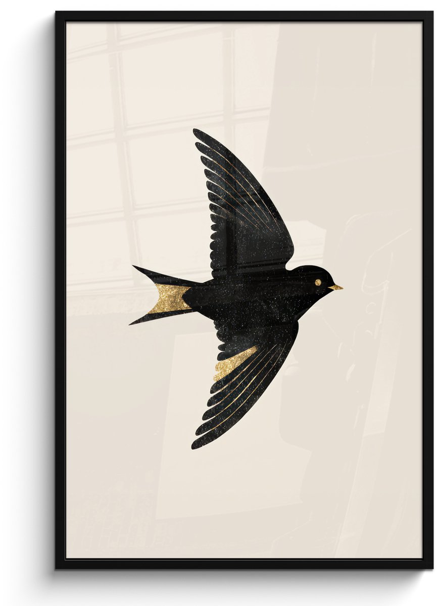 FrameYourWall Poster in lijst - Fotolijst 80x120 cm - Posters - Zwarte zwaluw - Gouden accenten - Lichte achtergrond - Posterlijst zwart - Decoratie - Wanddecoratie woonkamer - Muurdecoratie slaapkamer