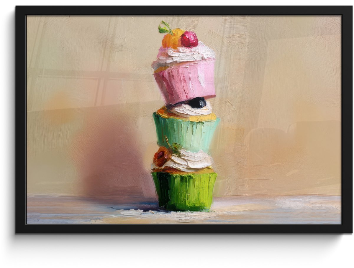 FrameYourWall Poster in lijst - Fotolijst 60x40 cm - Posters - Cupcakes - Gestapeld - Kleurrijk - Fruit - Posterlijst zwart - Decoratie - Wanddecoratie woonkamer - Muurdecoratie slaapkamer
