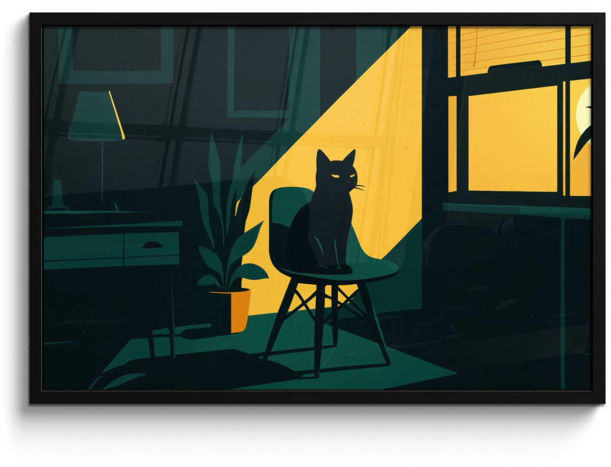 FrameYourWall Poster in lijst - Fotolijst 90x60 cm - Posters - Zwarte kat - Mysterieus - Gele instraal - Posterlijst zwart - Decoratie - Wanddecoratie woonkamer - Muurdecoratie slaapkamer