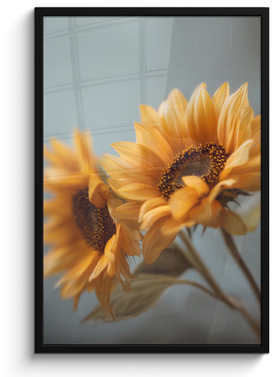 FrameYourWall Poster in lijst - Fotolijst 60x90 cm - Posters - Zonnebloemen - Geel - Wazig - Posterlijst zwart - Decoratie - Wanddecoratie woonkamer - Muurdecoratie slaapkamer