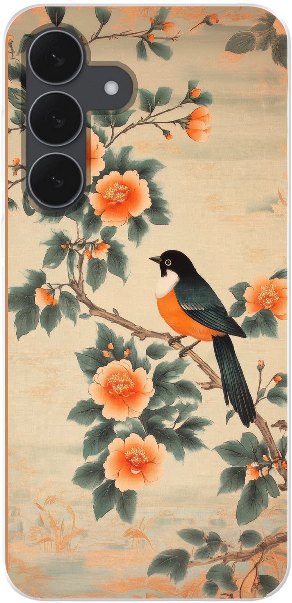 Telefoonhoesje Geschikt voor Samsung Galaxy S25 FE hoesje - Vogel - Tak - Bloemen - Oranje - Siliconen Telefoonhoesje Telefoonhoesje