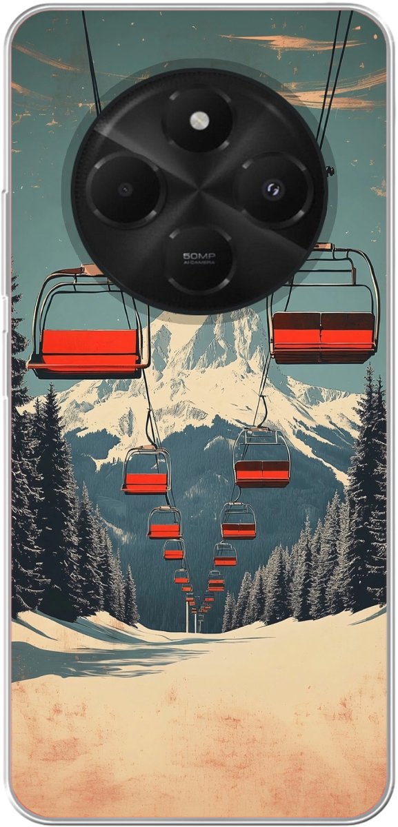 Telefoonhoesje Geschikt voor Xiaomi Geschikt voor Poco C75 hoesje - Sneeuw - Skilift - Rood - Bomen - Siliconen Telefoonhoesje Telefoonhoesje