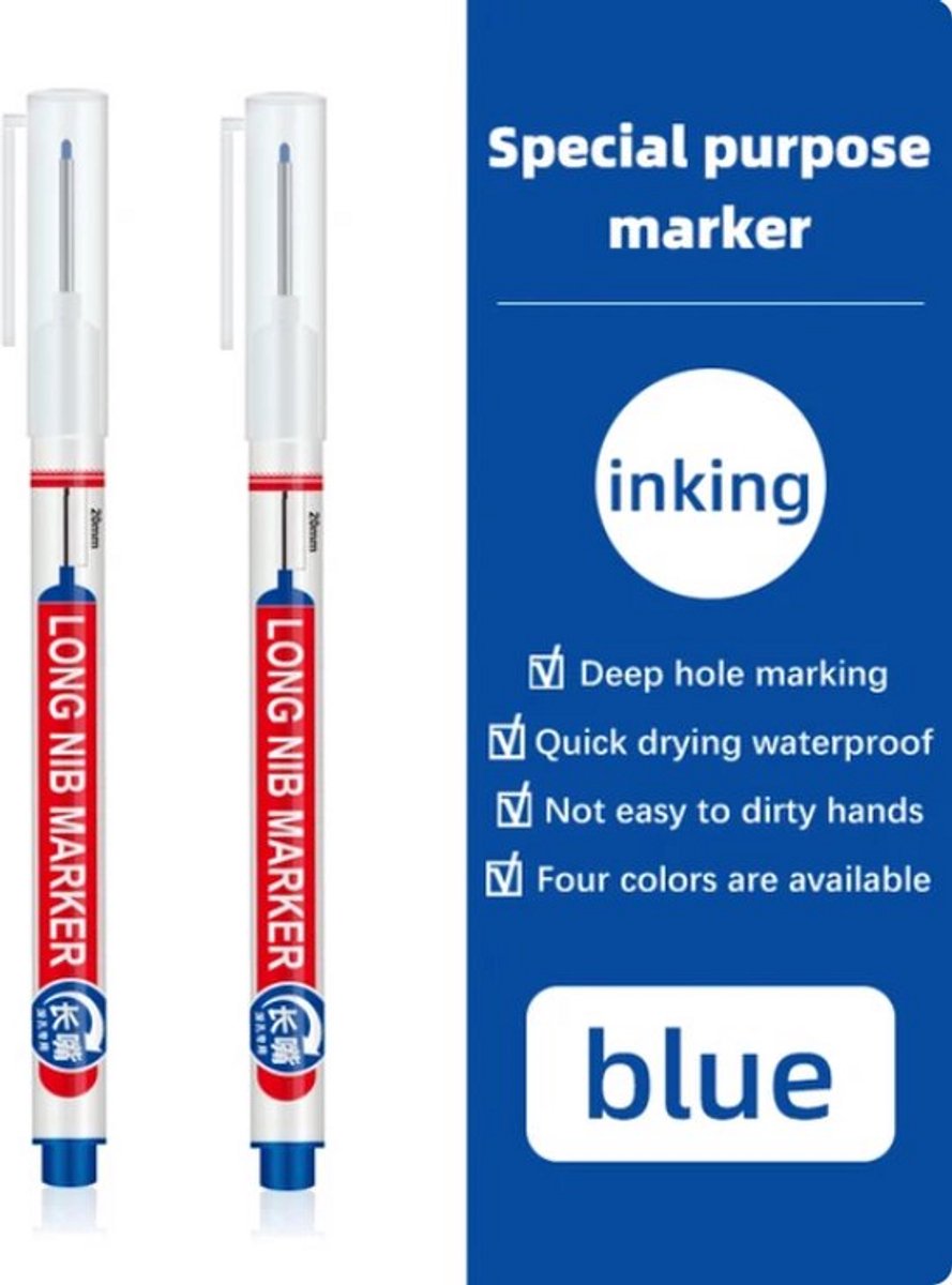TLVX 2 stuks Verlengde Permanent Marker Blauw – Markeerstift - Markeer Timmerman potlood inkt – Bouw Markering stift – Timmermanspen - 20mm Long Tip Marker – Diep gat marker – Teken Hout, Metaal, Glas, Spiegel, Tegels, Beton – Blauwe inkt