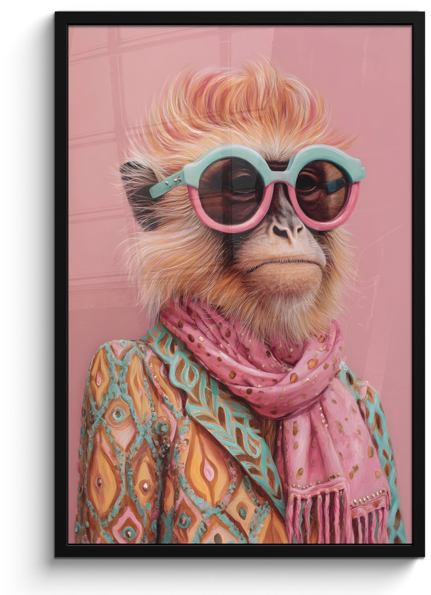 FrameYourWall Poster in lijst - Fotolijst 60x90 cm - Posters - Sjaal - Aap - Zonnebril - Jasje - Posterlijst zwart - Decoratie - Wanddecoratie woonkamer - Muurdecoratie slaapkamer