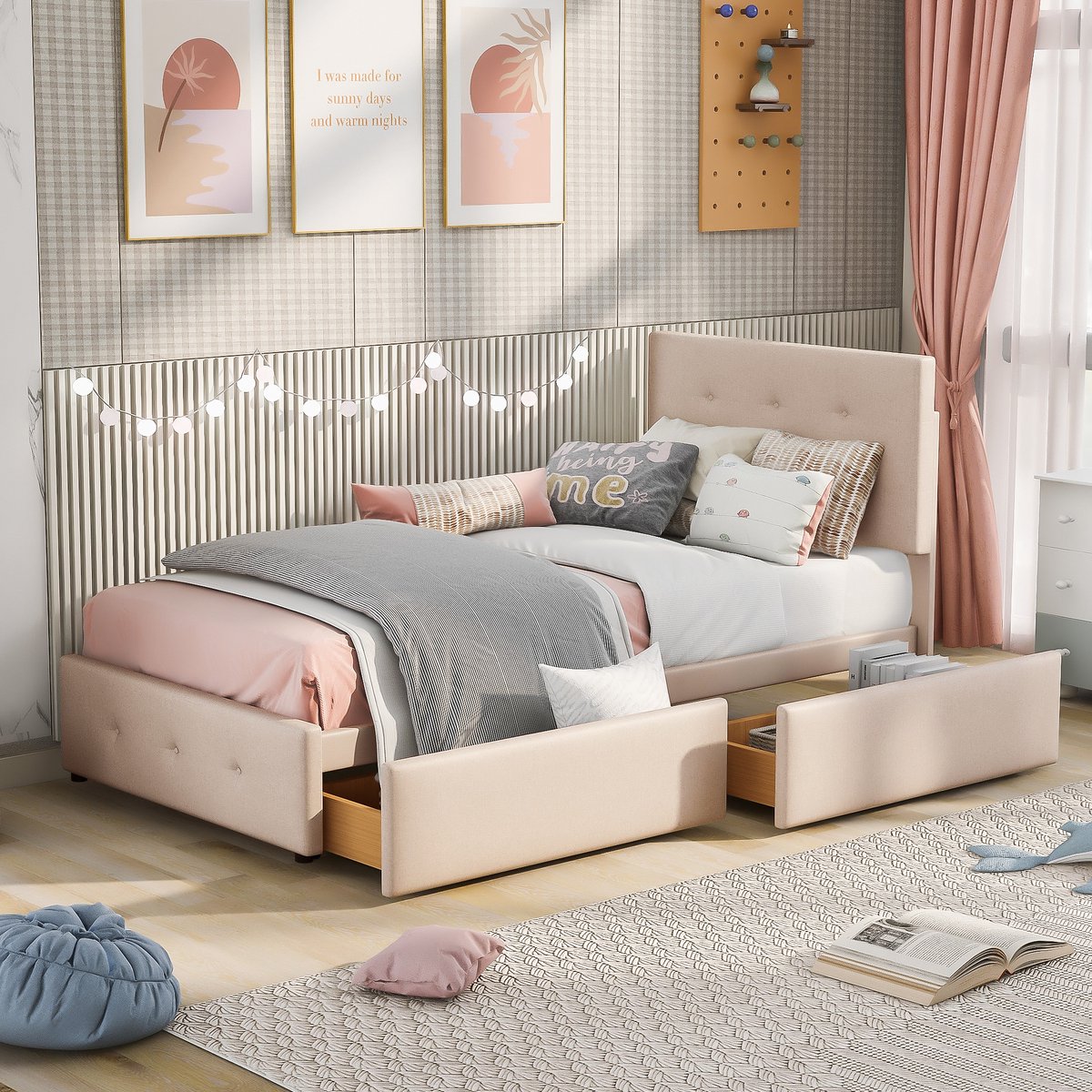 SONNENH Polsterbed 90x200 cm met lattenbodem, rugleuning en twee laden – donkerbeige fluwelen stof, vlak enkelbed, geschikt voor kinderen, jeugd en als gastenbed