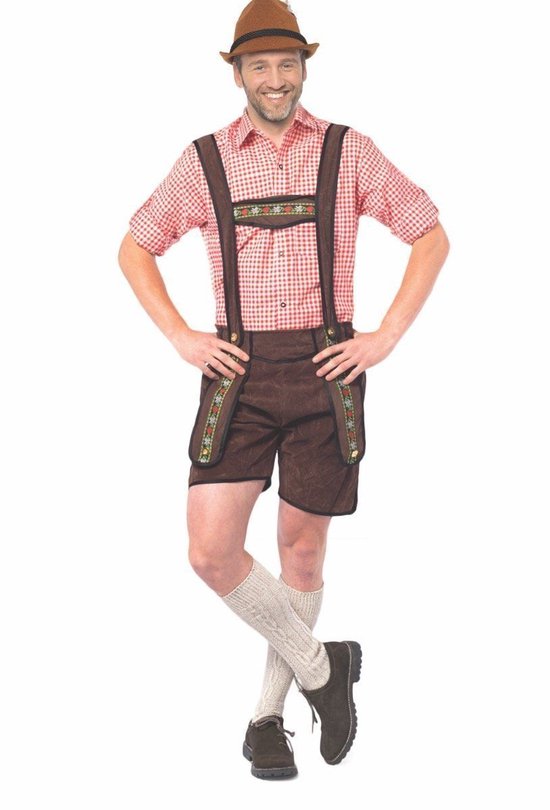Partychimp Voordelige Korte Lederhose Man Johann Oktoberfest Heren Lederhosen Man Carnavalskleding Heren Carnaval - Polyester - Donkerbruin - Maat L