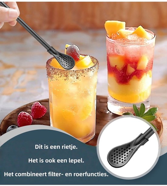 6 stuks roestvrijstalen rietjes, rietjes, lange lepelrietjes, herbruikbare lepelrietjes, metalen lepels met 2 stuks rietjes, reinigingsborstel voor smoothies, milkshakes, cocktails, koffie