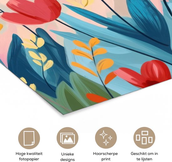 Poster 100x100 cm - Illustratie - Bloemen - Kleurrijk - Posters - Kamer decoratie - Wanddecoratie woonkamer - Muurdecoratie slaapkamer XXL