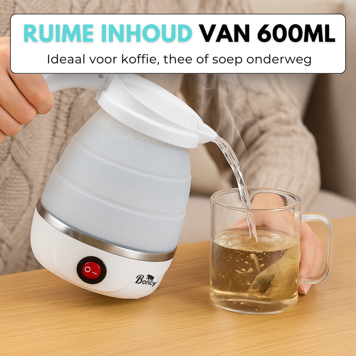Boncy® Premium Mini Opvouwbare Waterkoker - 0.6 Liter Kleine Reiswaterkoker - Inklapbaar Wit - Reis Waterkokers voor Camping Hotel Senioren - Klein Draagbare Travel Water Koker Beige Creme - 0,5 L Grijs — afbeelding 2