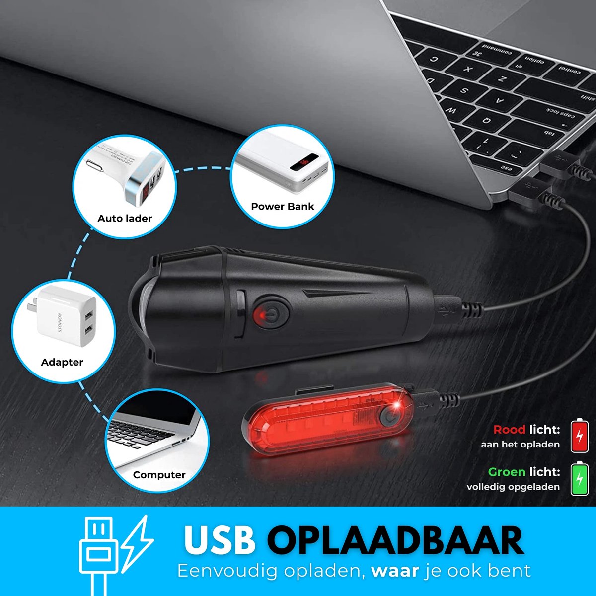 Boncy® Premium Fietslamp Set - USB Oplaadbaar - Fietsverlichting Voorlicht & Achterlicht Fiets - Fietslicht LED Verlichting Voor en Achter - Oplaadbare Fietslampjes Wit & Rood - Koplamp Fietslichten Voorlamp & Achterlamp - Mountainbike Licht Lamp thumbnail 3