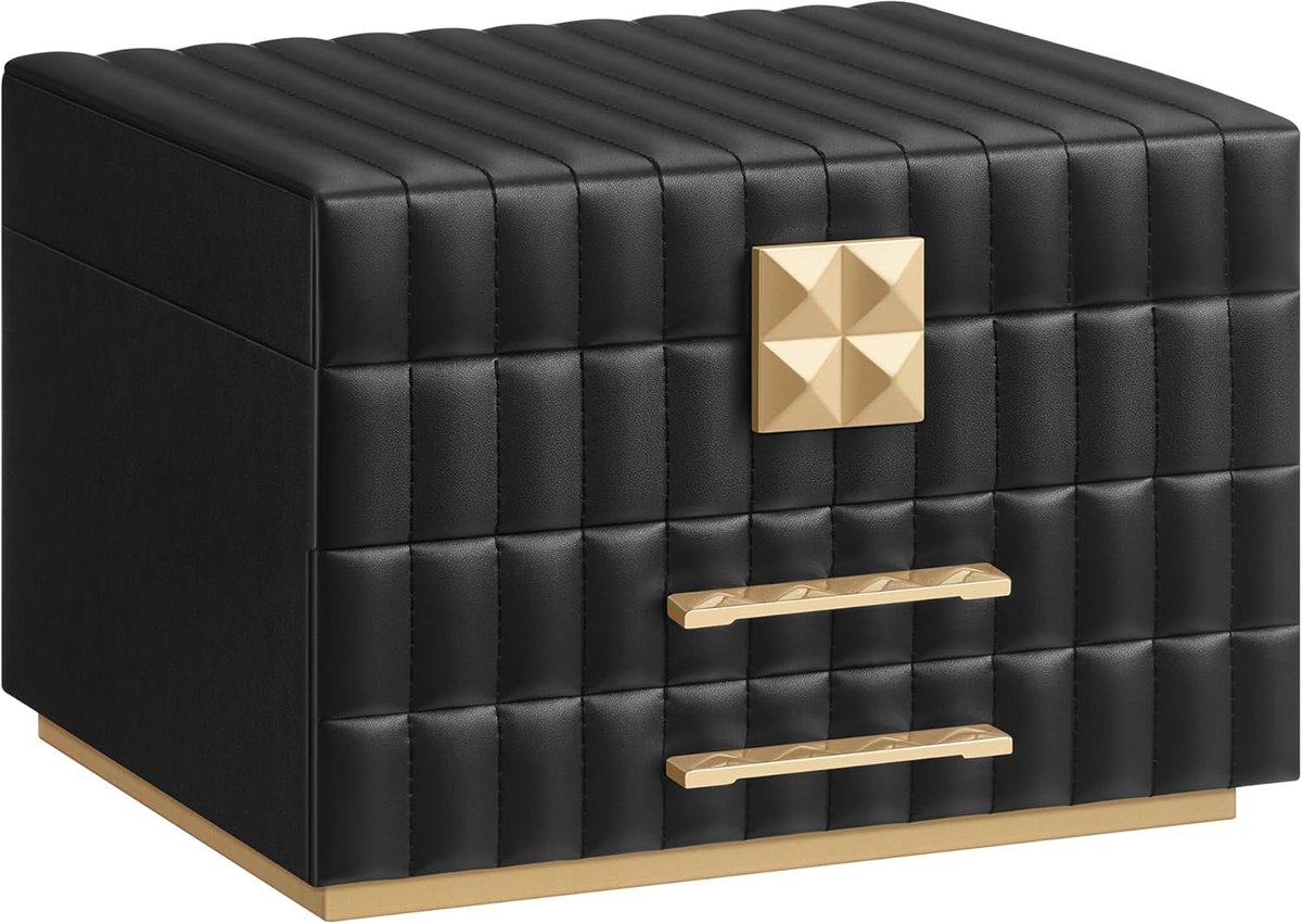 Sieradendoos met 3 niveaus, sieradenorganizer met 2 laden, PU-oppervlak met naden, zwevend effect, 21,5 x 24 x 15,8 cm, cadeau-idee, inktzwart JBC183B01