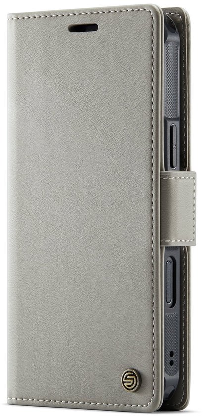 Lichtgrijs portemonnee hoesje voor telefoon, gesloten, met beige buitenkant en Solidenz-logo.