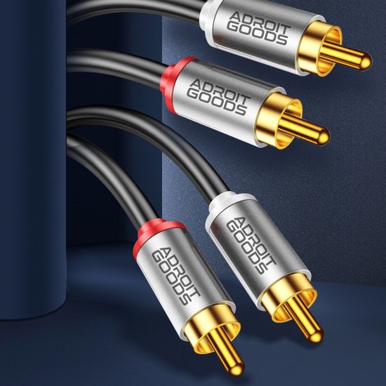 Zwarte audiokabels met vergulde RCA-stekkers, sommige met rode en sommige met witte markering.