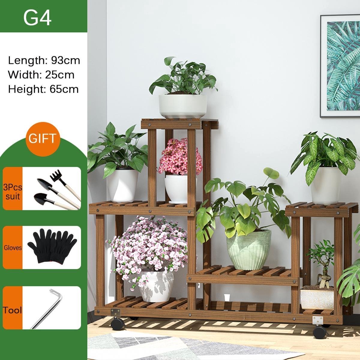 Verplaatsbare houten standaard met meerdere niveaus voor potplanten – Inclusief zwenkwielen – 82×25×65 cm – Bruin