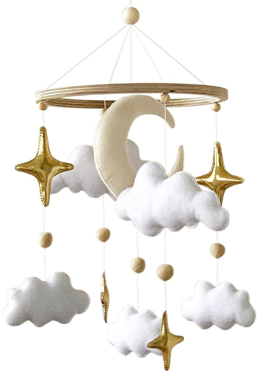 Mobiel voor Babybed, Dromenvanger, Bedbel, Hout, Babykamerdecoratie, Cadeau voor Geboorte en Verjaardag (Maan en Sterren Licht, Beige)