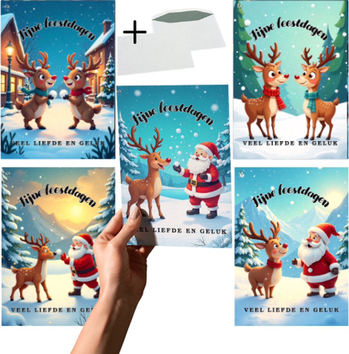 Grand X - Kerstkaart - Rudolf Met Kerstman - 5 Kaarten - Inclusief Enveloppen - A6 Formaat - Kerstkaarten Met Enveloppen