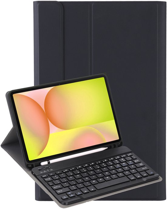 Zwarte tablethoes met een tablet en keyboard erop. De tablet is opengeklapt.