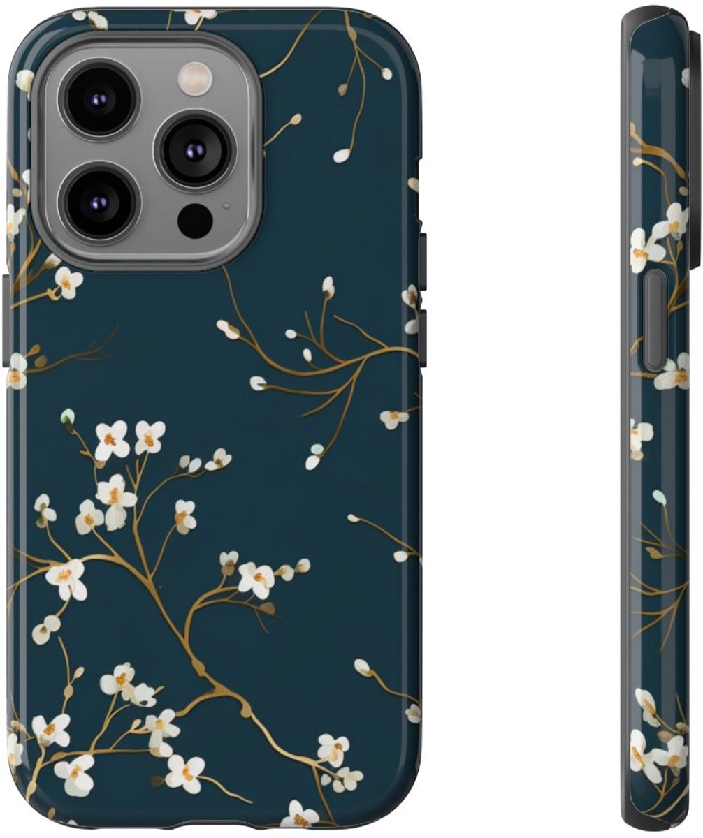 Witte Bloesemtakken op Donkerblauw – Telefoonhoesje Geschikt voor iPhone 14 Pro
