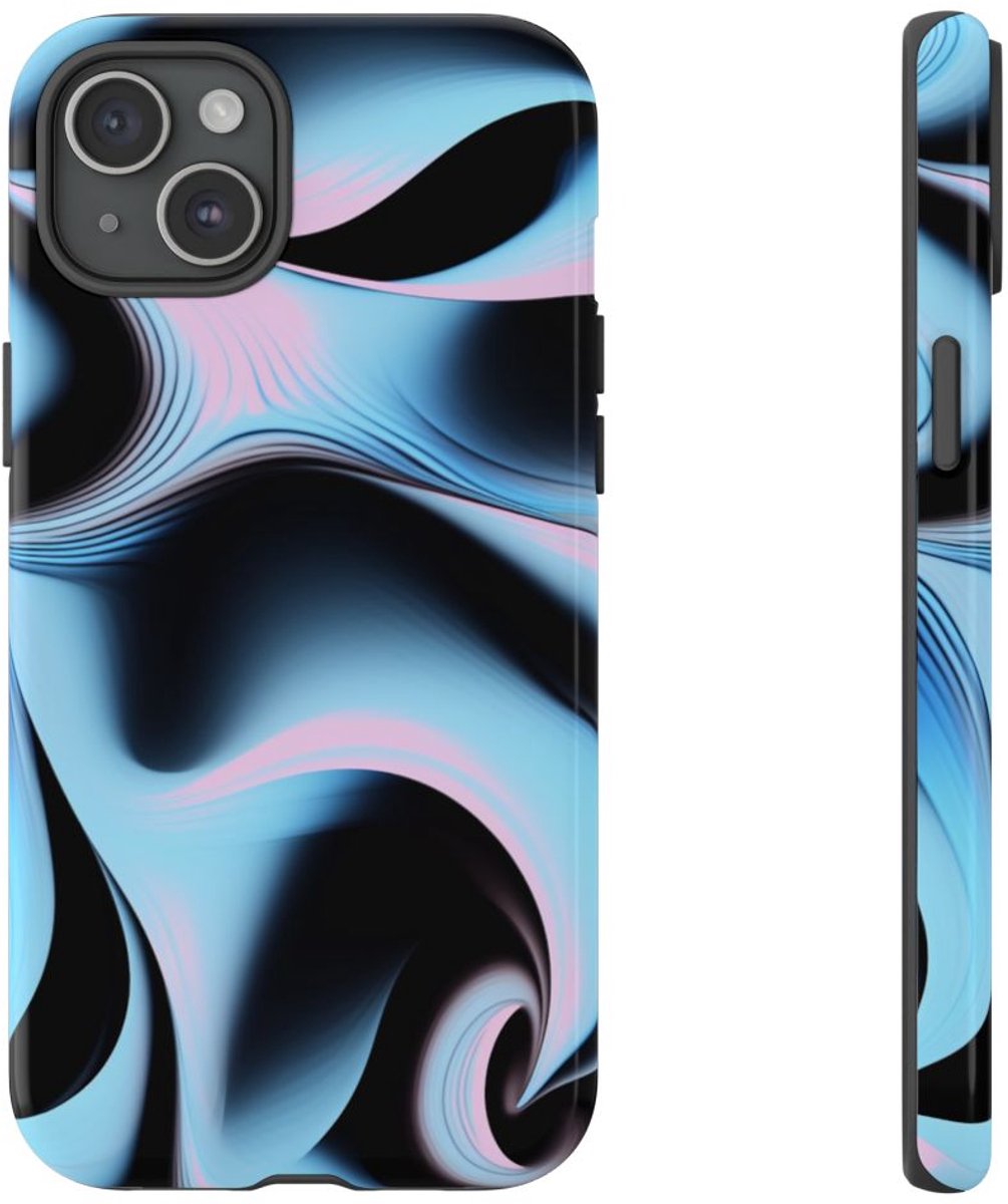 Blauw-Roze Abstracte Krullen – Telefoonhoesje Geschikt voor iPhone 15 Plus